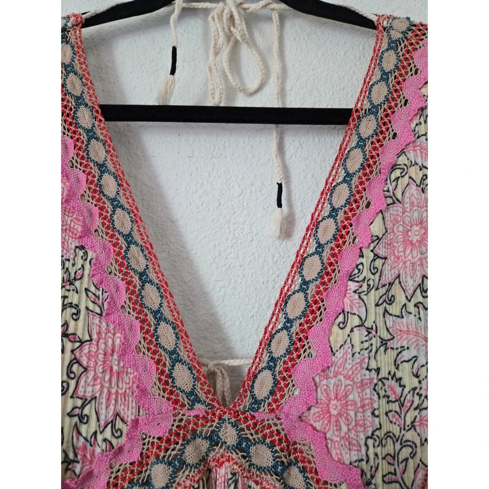 Free People XL Pink Floral Crochet Lace Moon Child Balloon Sleeve Dress Oversize